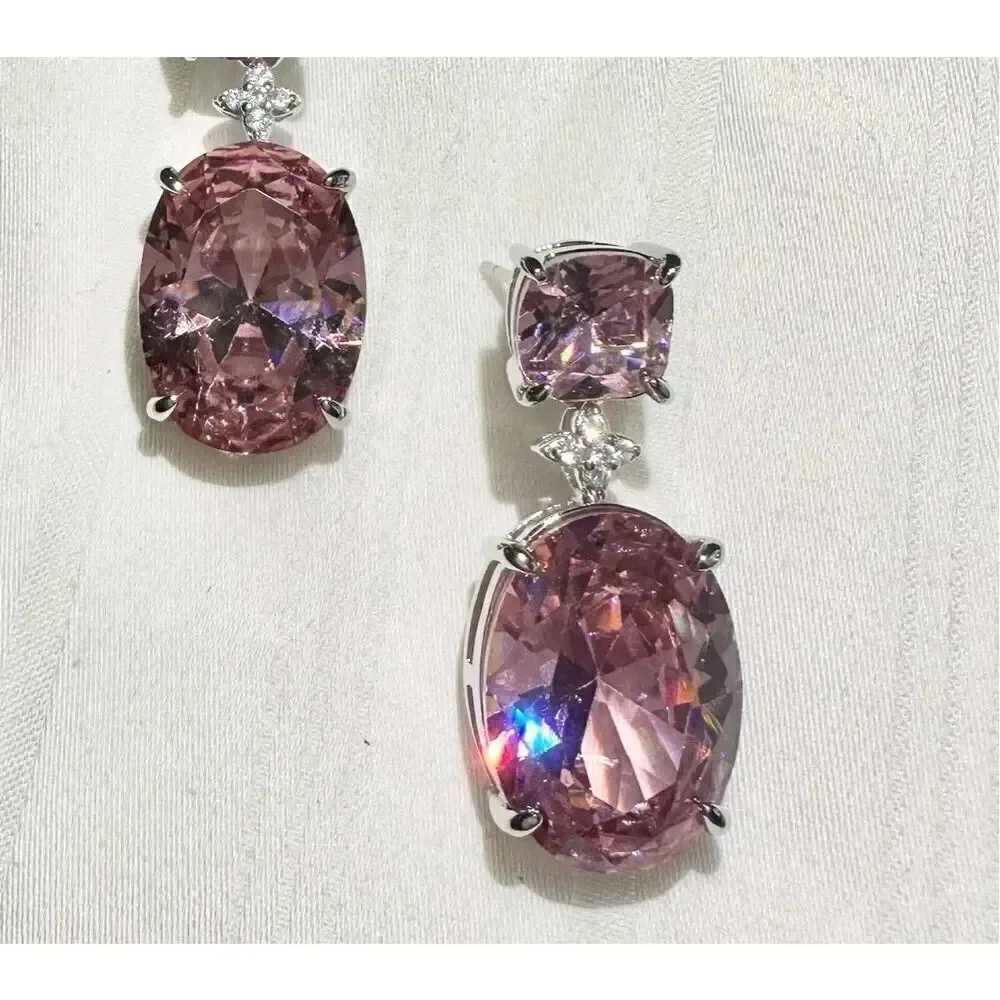 Super sparkly light pink cubic zirconia double oval dangle earrings with flower